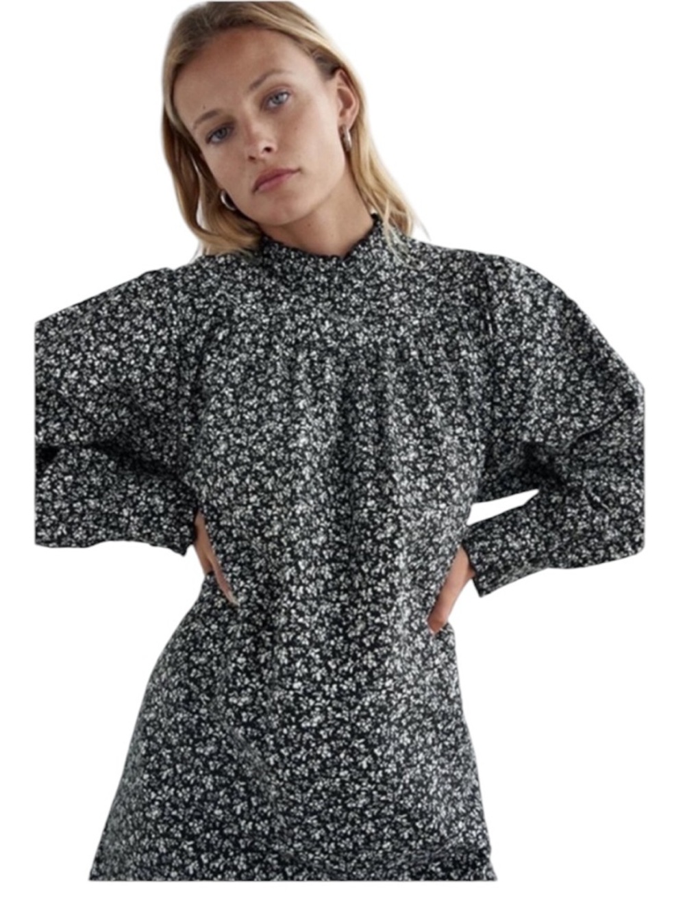 Zara Black and White Floral Mini Dress High Neck Poplin Cottage Core Dress XS